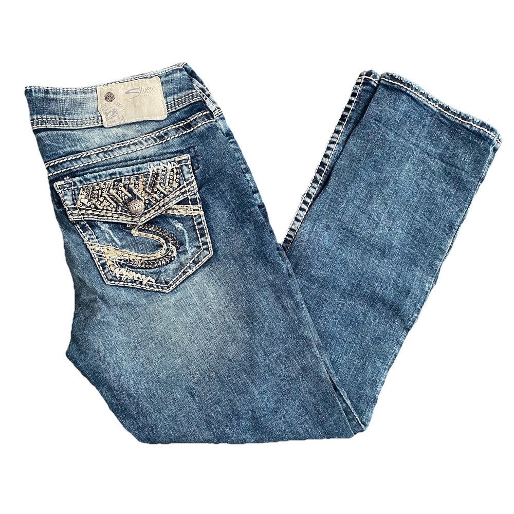 Silver Women's SUKI 29x23 Capri Jeans Cropped Stretch Low Rise Blue Distressed